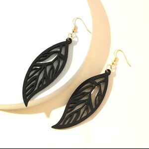 Black wooden carved stencil leaf shape earrings boho jewelry
